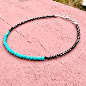 Natural Black Spinel Teal Turquoise Bracelet Handcrafted in Solid 14k White Gold